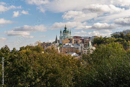 Kyiv  Kiev   Ukraine - October 8  2020  Stunning view on the old and ancient tourist area in Kyiv  Saint Andrew s Church with prerevolutionary residential buildings