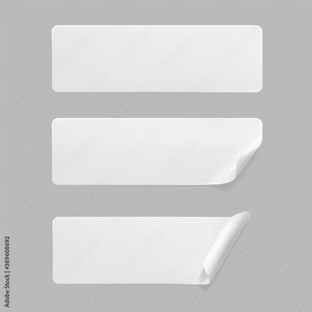 White glued rectangle stickers with curled corners mock up set. Blank white adhesive paper or plastic sticker label with wrinkled and creased effect. Template label tags close up. 3d realistic vector White glued rectangle stickers with curled corners mock up set. Blank white adhesive paper or plastic sticker label with wrinkled and creased effect. Template label tags close up. 3d realistic vector