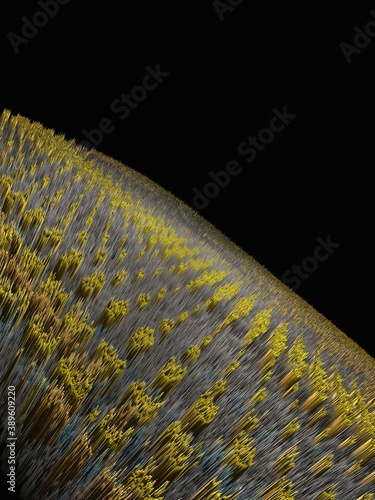 futuristic 3D Sci-Fi abstract design with grey background and many small yellow dots of various sizes 