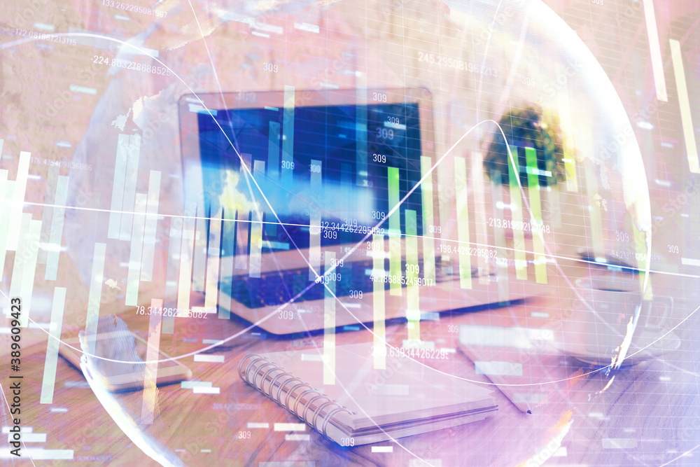 Multi exposure of business theme icons and work space with computer background. Concept of success. Multi exposure of business theme icons and work space with computer background. Concept of success.