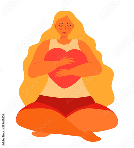 Cute woman with long blond hair hugs big heart carefully and sitting in lotus position yoga. Woman is holding red heart in her hands. Love for yourself, high esteem and body positive
