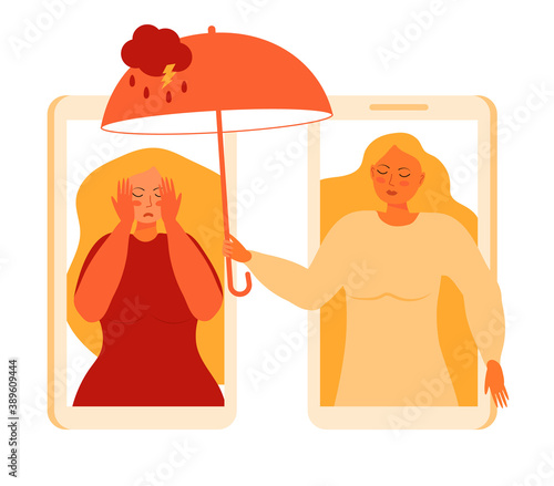 Panic attack of woman concept vector. Sad, crying woman with long blond hair. Doctor of psychiatry taking umbrella and protect from rain. Depression, sadness, mental health. Online psychology