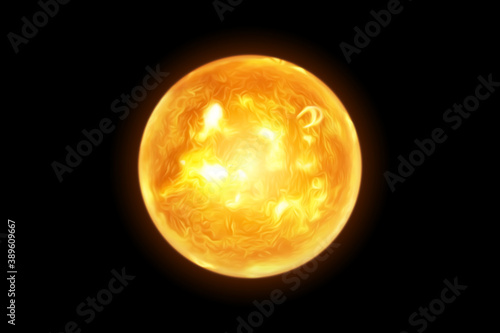 Yellow sun with spots isolated on black background. 3D illustration, 3D render