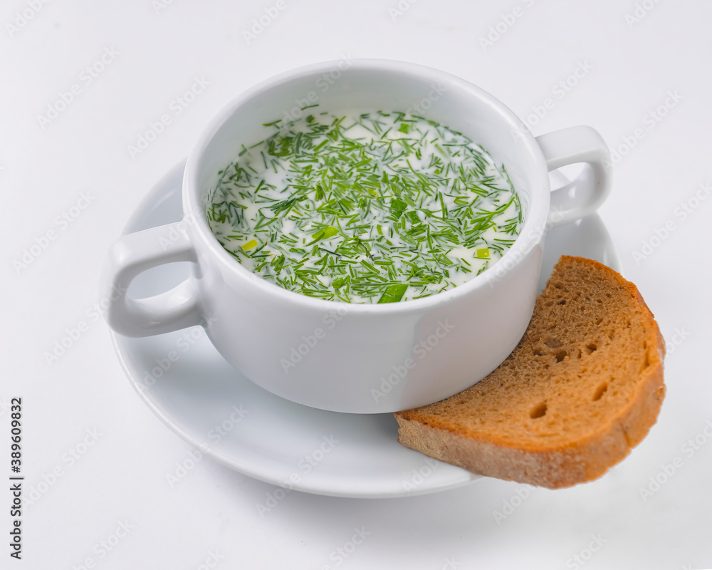 Cold soup okroshka. Traditional Ukrainian or Russian cuisine. Delicious sour cream or mayonnaise soup for summer. Cold soup okroshka. Traditional Ukrainian or Russian cuisine. Delicious sour cream or mayonnaise soup for summer.