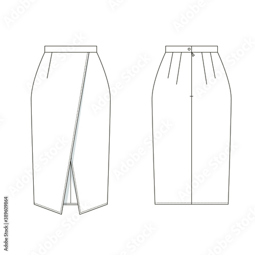 Technical drawing of womens fashion. Womens wrap skirt. Front and back views