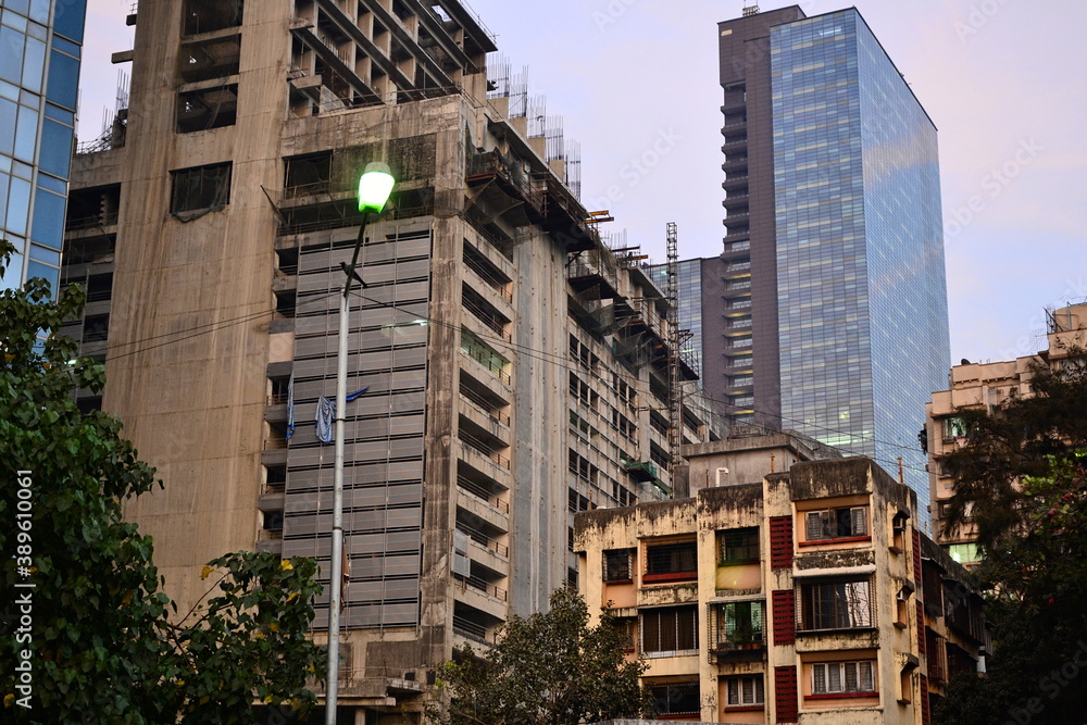 Old and modern buildings in the evening, Dadar district, Mumbai also Bombay, Maharashtra, India