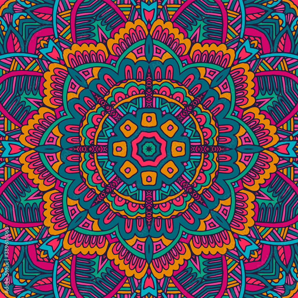 Mandala doodle fantasy flower decorated background.