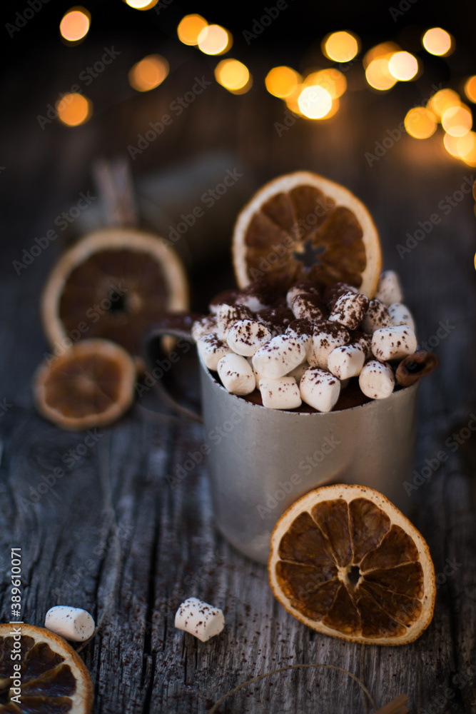 Winter coffee with marshmallows. Time to relax