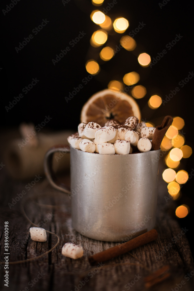 Winter coffee with marshmallows. Time to relax