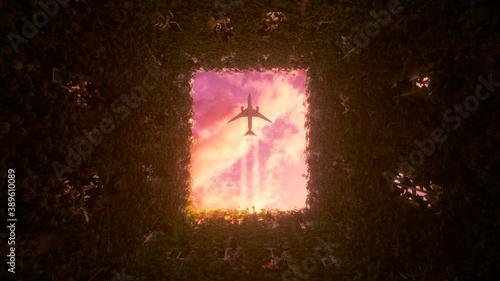 Flying airplane at sunset over a building with vegetation. Business and tourism concept. 3d illustration