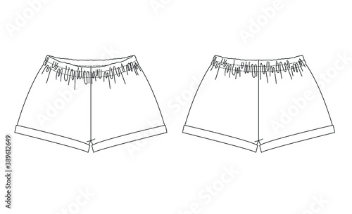 Technical drawing of children's fashion. Elasticated shorts for girls. Front and back views