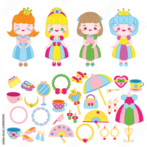 Big set of cartoon girls princess and accessories. Shoes, purse, necklaces and other girlish objects. Clip art collection for stickers book and paper dolls