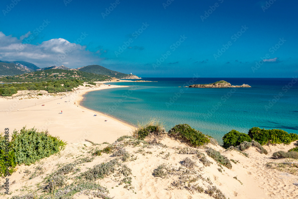cristal clear water and white sand in Su Giudeu beach, Chia, Sardinia