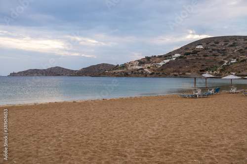 View of the sandy beach in Chora  Ios island  Greece.