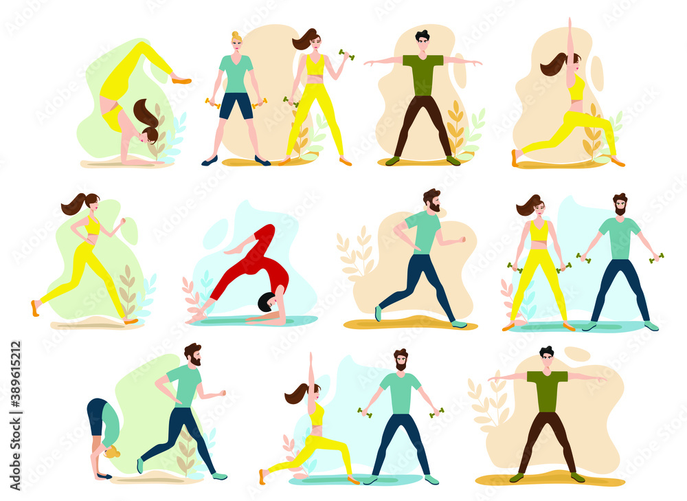 set of men and women playing sports, people doing exercises set of men and women playing sports, people doing exercises