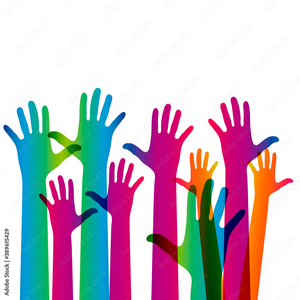 Hands on a light background. Colorful silhouettes arms. Vector team, help, friendship symbol illustration. Hands on a light background. Colorful silhouettes arms. Vector team, help, friendship symbol illustration.