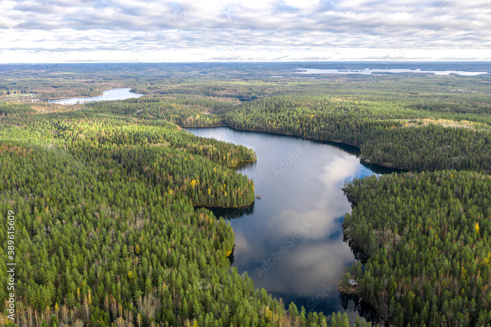 Finland landscape from the air with drone, lakes and pine forest