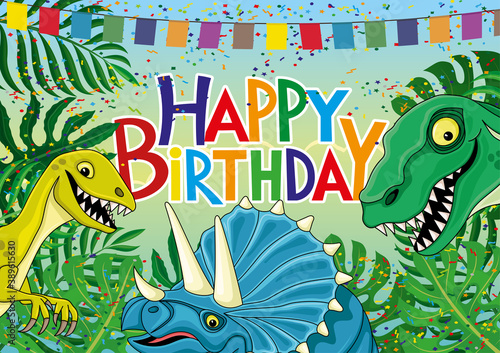 Fototapeta Naklejka Na Ścianę i Meble -  Funny dinosaurs and birthday greetings on colorful background.