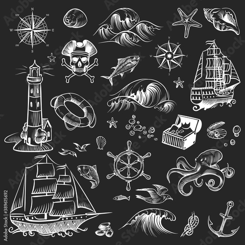 Pirate sketch set. Adventure hand drawn collection. Retro ship and compass, lighthouse and octopus, chest with treasure, chalkboard ocean vector white illustration on black background