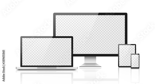 Realistic computer laptop smartphone mockup. Devices with transparent screen, black frame, advertising on device display, online communication smart technology 3d vector template