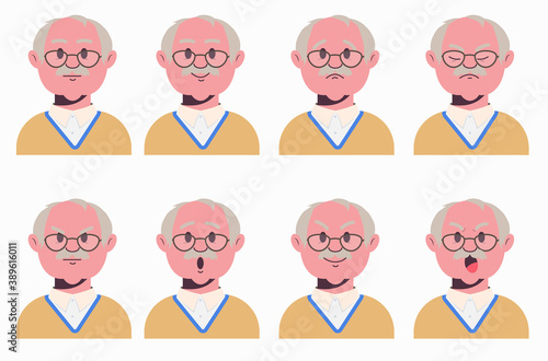 Face expressions of grandfather. Set of old male emotional characters. Avatars with neutral, surprise, joy, shock, sad and anger emotions. Cartoon style vector illustration isolated on white