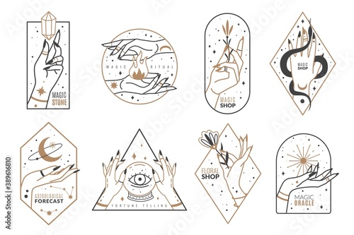 Occult line emblems. Outline women hands with mystical magic elements in minimalistic trendy style, witchcraft golden symbols and mysterious objects, elegant vector isolated collection photo