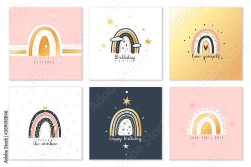 Boho rainbows cards. Cute modern rainbow square golden greeting cards decorative doodle style, birthday baby party gold banners, kid prints nursery decorations vector posters set