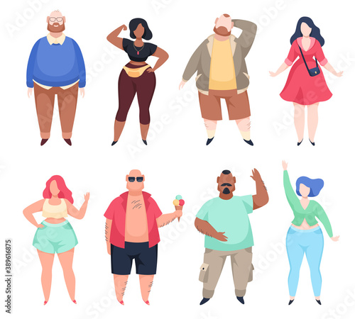 Fat people. Lovely plus size men and women in fashionable clothes set, body positive models, lifestyle overweight happy male, female sexy flat cartoon vector characters isolated on white