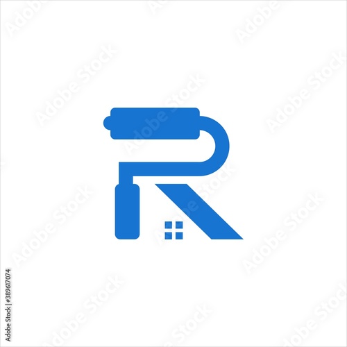 Roller paint logo. Letter R brush symbol design. Home renovation concept. Simple minimalist wall painting icon. Real estate construction sign. Modern vector illustration. Isolated graphic element.