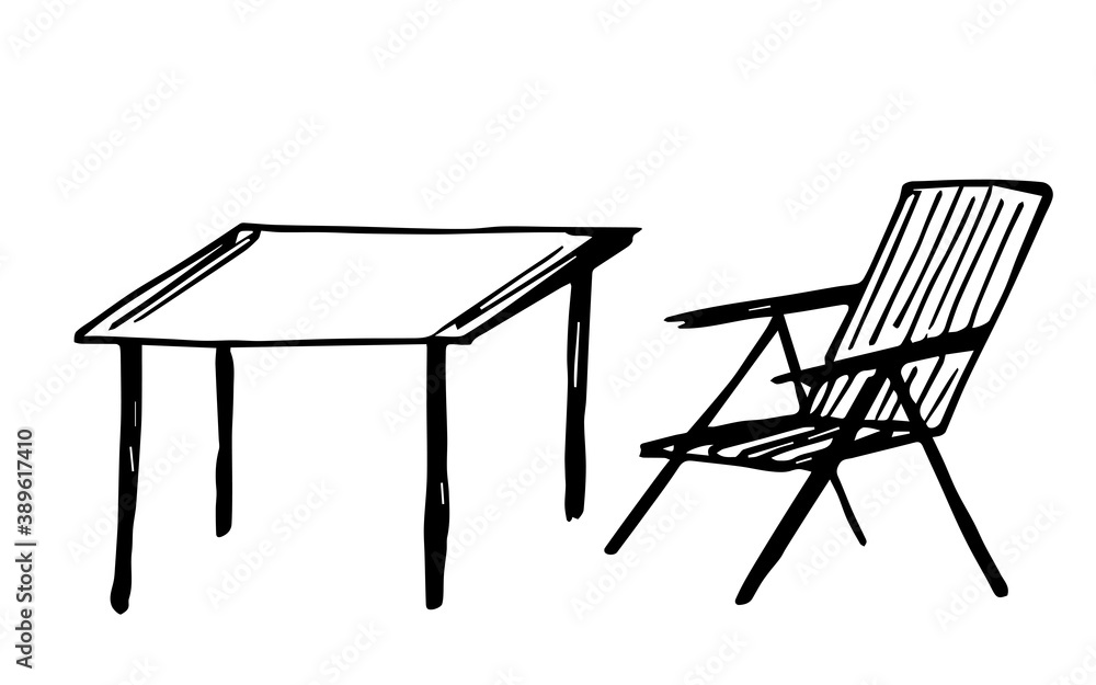 Simple hand-drawn vector ink sketch. Table and folding chair, outdoor furniture, cafe, camping. Simple hand-drawn vector ink sketch. Table and folding chair, outdoor furniture, cafe, camping.