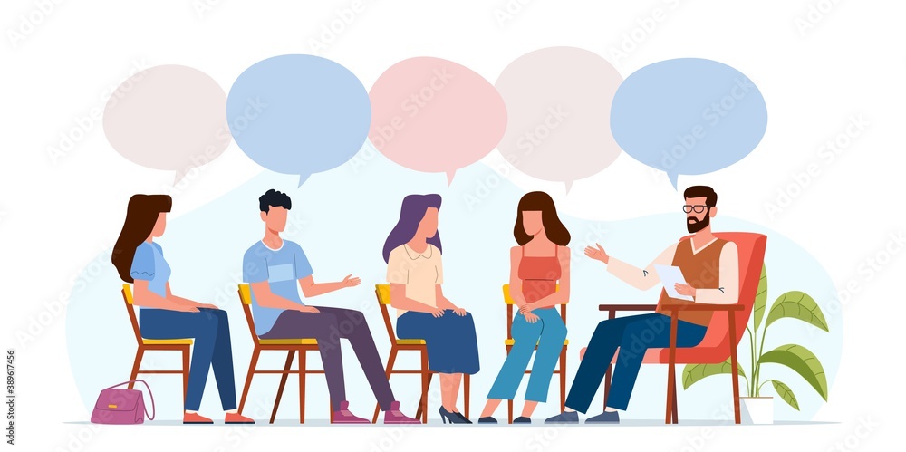 Addiction treatment concept. Group therapy, people counseling with psychologist, persons in psychotherapist sessions, mental health community, vector men and women with speech bubbles