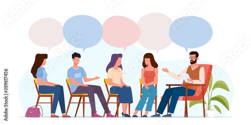 Addiction treatment concept. Group therapy, people counseling with psychologist, persons in psychotherapist sessions, mental health community, vector men and women with speech bubbles