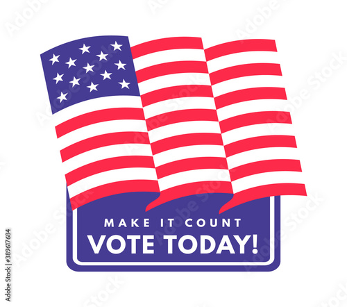 American presidential vote sticker. United states of america national voting day, flag and text in red blue and white colors, political party and president choice vector illustration