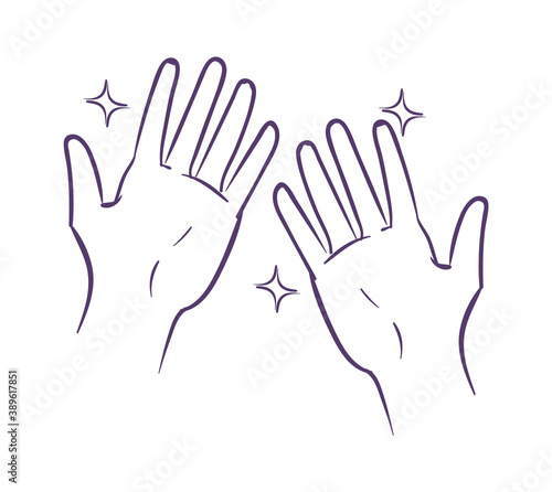 Clean hands. Blue line hand for antibacterial soap and gel, personal everyday hygiene, sanitizer and antiseptic advertisement, protect skin vector outline cartoon isolated palm illustration