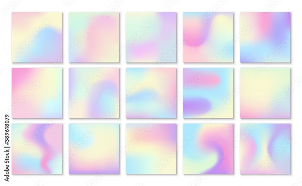 Holographic backgrounds. Petrol gradient blotches backdrop, trendy pastel yellow and pink colors, hologram iridescent effect stains, fantasy square texture vector illustration set