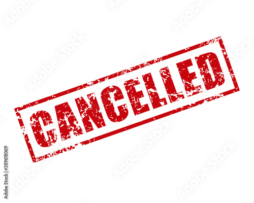 Cancelled rubber stamp icon. Grunge style texture. Red vintage cancel seal. Aged and damaged sticker label. Scratched canceled sign. Isolated on white background. Vector illustration image.