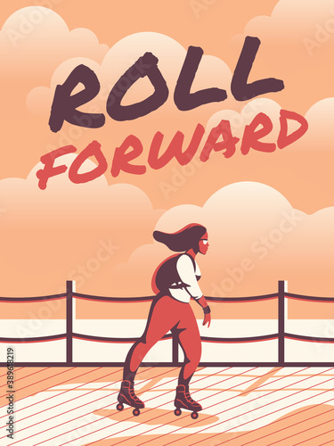 Roller. Cute young girl ride on rollerblading on cloudy landscape, teenager active leisure time outdoors poster, woman and lettering for t-shirt design, ad print vector illustration