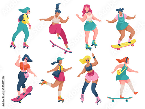 Roller skating girls. Young women roller skates and skateboards, rollerblading and skateboarding teenager activ leisure time outdoors collection, extreme sport flat vector isolated set