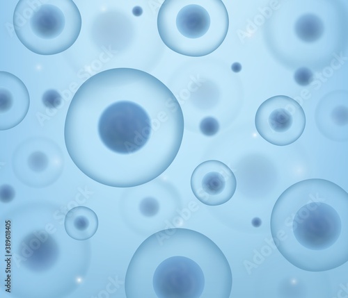 Cells background. Molecular research pathogenic microorganisms round cell banner, genetic microbiology scientific medicine illustration, blue organic 3d macro spheres vector concept