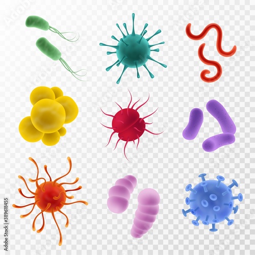 Realistic viruses. Types and microorganism colorful shapes. Bacteria, germs and bacillus flu and covid-19. Biological science laboratory, microbiology objects 3d vector set