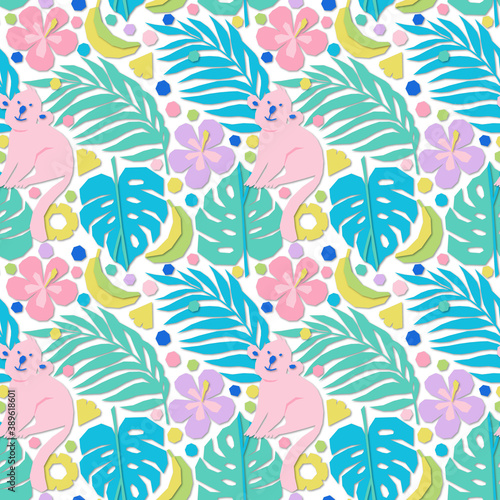 Seamless pattern in applique style with tropical palm leaves, fruits, flowers and monkeys © Maryna_R