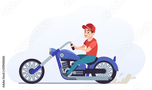 Man on motorcycle. Biker driving blue motorcycle, collectible classic vehicle for road racing, speed race vintage moped travel and sport vector illustration cartoon on white background
