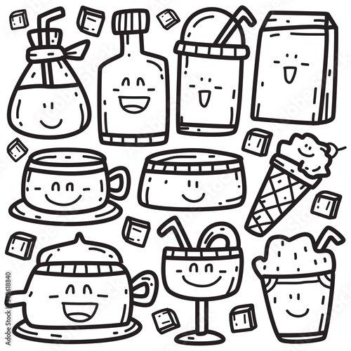 kawaii doodle drink cartoon designs for coloring, backgrounds, stickers, logos, icons and more