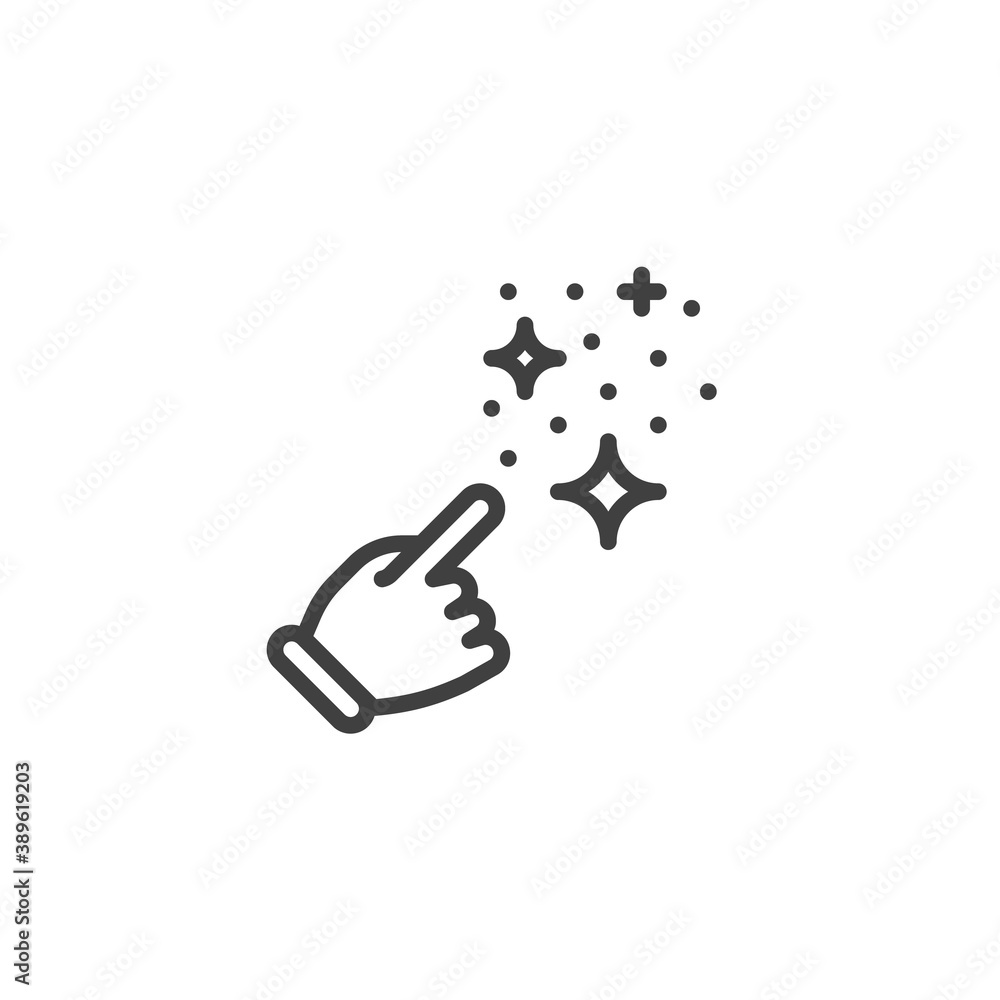 Magical hand with stars line icon. linear style sign for mobile concept and web design. Magic hand trick outline vector icon. Symbol, logo illustration. Vector graphics Magical hand with stars line icon. linear style sign for mobile concept and web design. Magic hand trick outline vector icon. Symbol, logo illustration. Vector graphics