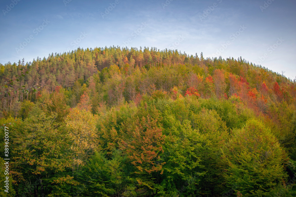 Beautiful autumn mountain view and landscapes from the path from Ribaritsa to Eho hut chalet and peaks Yumruka and Kavladan, Central Balkan, Teteven, Bulgaria