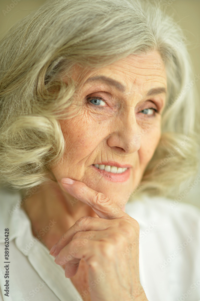 Portrait of beautiful smiling senior woman posing at home Portrait of beautiful smiling senior woman posing at home