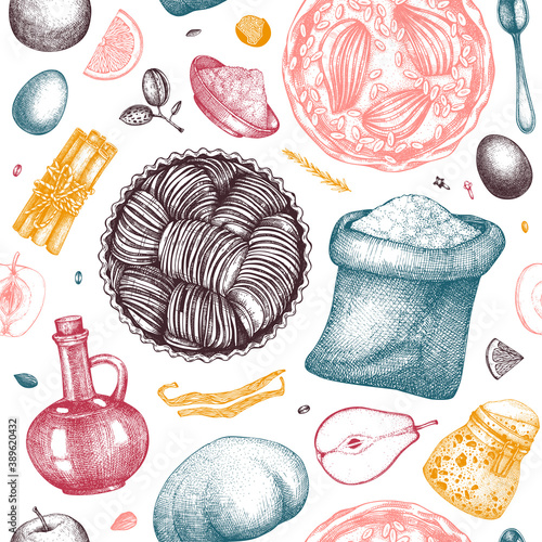 Fruits cakes cooking process background. Seamless pattern with hand-drawn baking cakes, pies, dough, kitchen stuff, ingredients. 