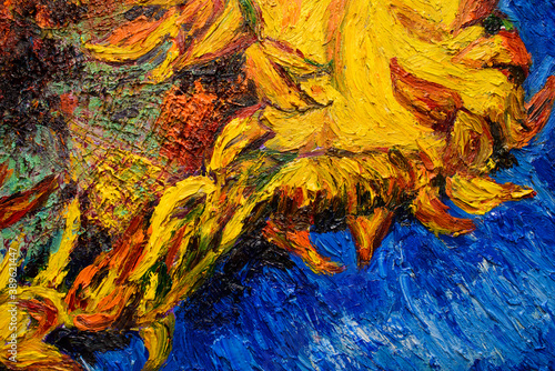 Sunflower, oil painting on canvas. Free copy Based on the painting by the great artist Vincent Van Gogh, Two cut sunflowers III, 1887