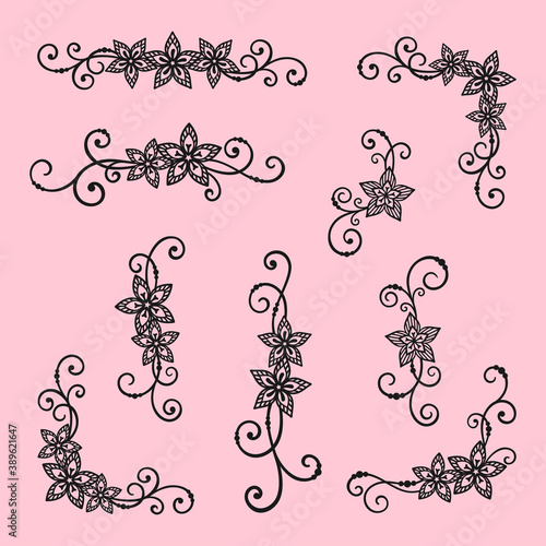 Set of frames, corners, borders with flowers, swirls and beads. Vector silhouette, design template for holiday greeting card, wedding invitation, banner, monogram, wedding frame, laser and plotter cut