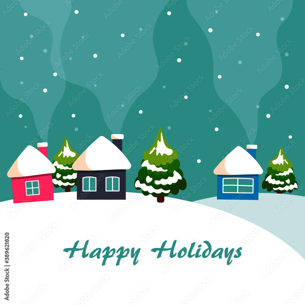 Winter landscape background. With falling snow, little houses, snowdrifts. Happy holidays wintertime backdrop with copy space